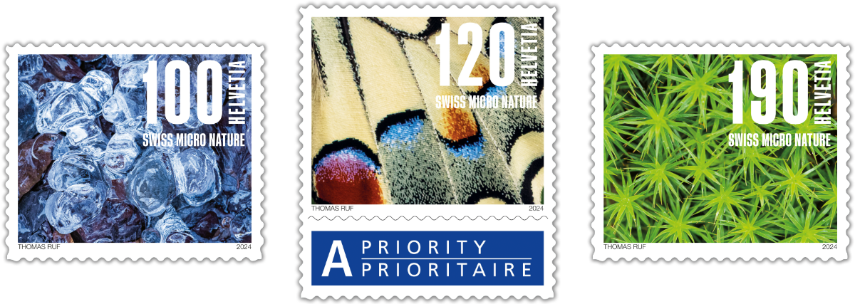 Briefmarken der Post Schweiz 2024 mit Naturbildern von Thomas Ruf